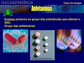 Tipos de drogas Ecstasy  pertence ao grupo das substâncias que alteram o SNC. Grupo das anfetaminas Anfetaninas TOXICODEPENDÊNCIA 