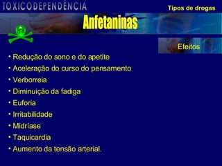Tipos de drogas Redução do sono e do apetite Aceleração do curso do pensamento Verborreia Diminuição da fadiga  Euforia Irritabilidade Midríase  Taquicardia Aumento da tensão arterial.  Efeitos Anfetaninas TOXICODEPENDÊNCIA 