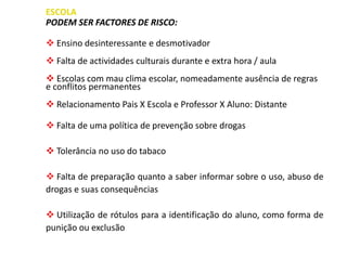ESCOLA
PODEM SER FACTORES DE RISCO:
 Ensino desinteressante e desmotivador
 Falta de actividades culturais durante e extra hora / aula
 Escolas com mau clima escolar, nomeadamente ausência de regras
e conflitos permanentes
 Relacionamento Pais X Escola e Professor X Aluno: Distante
 Falta de uma política de prevenção sobre drogas
 Tolerância no uso do tabaco
 Falta de preparação quanto a saber informar sobre o uso, abuso de
drogas e suas consequências
 Utilização de rótulos para a identificação do aluno, como forma de
punição ou exclusão
 