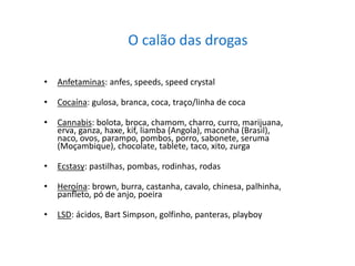 O calão das drogas
• Anfetaminas: anfes, speeds, speed crystal
• Cocaína: gulosa, branca, coca, traço/linha de coca
• Cannabis: bolota, broca, chamom, charro, curro, marijuana,
erva, ganza, haxe, kif, liamba (Angola), maconha (Brasil),
naco, ovos, parampo, pombos, porro, sabonete, seruma
(Moçambique), chocolate, tablete, taco, xito, zurga
• Ecstasy: pastilhas, pombas, rodinhas, rodas
• Heroína: brown, burra, castanha, cavalo, chinesa, palhinha,
panfleto, pó de anjo, poeira
• LSD: ácidos, Bart Simpson, golfinho, panteras, playboy
 