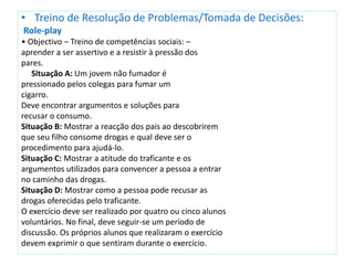 • Treino de Resolução de Problemas/Tomada de Decisões:
Role-play
• Objectivo – Treino de competências sociais: –
aprender a ser assertivo e a resistir à pressão dos
pares.
Situação A: Um jovem não fumador é
pressionado pelos colegas para fumar um
cigarro.
Deve encontrar argumentos e soluções para
recusar o consumo.
Situação B: Mostrar a reacção dos pais ao descobrirem
que seu filho consome drogas e qual deve ser o
procedimento para ajudá-lo.
Situação C: Mostrar a atitude do traficante e os
argumentos utilizados para convencer a pessoa a entrar
no caminho das drogas.
Situação D: Mostrar como a pessoa pode recusar as
drogas oferecidas pelo traficante.
O exercício deve ser realizado por quatro ou cinco alunos
voluntários. No final, deve seguir-se um período de
discussão. Os próprios alunos que realizaram o exercício
devem exprimir o que sentiram durante o exercício.
 