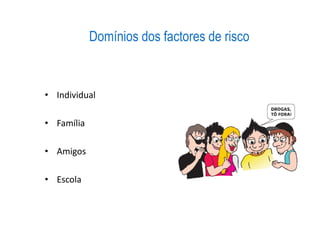 Domínios dos factores de risco
• Individual
• Família
• Amigos
• Escola
 