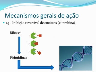Mecanismos gerais de ação
 1.3 - Inibição reversível de enzimas (citarabina)

Riboses

Pirimidinas

 