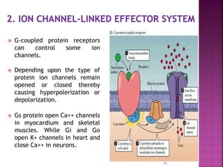  G-coupled protein receptors
can control some ion
channels.
 Depending upon the type of
protein ion channels remain
opened or closed thereby
causing hyperpolerization or
depolarization.
 Gs protein open Ca++ channels
in myocardium and skeletal
muscles. While Gi and Go
open K+ channels in heart and
close Ca++ in neurons.
15
 