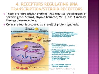  These are intracellular proteins that regulate transcription of
specific gene. Steroid, thyroid hormone, Vit D and A mediate
through these receptors.
 Cellular effect is produced as a result of protein synthesis.
17
 