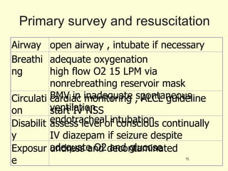 Primary survey and resuscitation Airway open airway , intubate if necessary Breathing adequate oxygenation  high flow O2 15 LPM via nonrebreathing reservoir mask BMV in inadequate spontaneous ventilation endotracheal intubation Circulation cardiac monitoring , ALCL guideline start IV NSS  Disability assess level of conscious continually IV diazepam if seizure despite adequate O2 and glucose Exposure undress and decontaminated 