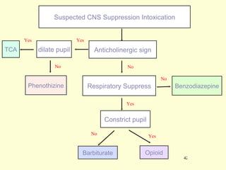 Suspected CNS Suppression Intoxication Anticholinergic sign Respiratory Suppress Constrict pupil dilate pupil Phenothizine TCA Benzodiazepine Opioid Barbiturate Yes Yes Yes Yes No No No No 