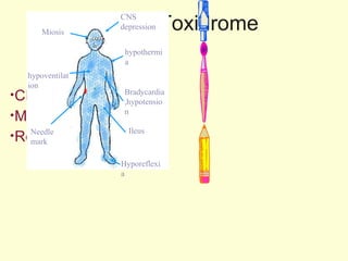 Opioid Toxidrome CNS depression Miosis Respiratory depression Miosis  hypoventilation hypothermia CNS depression Bradycardia ,hypotension Ileus  Hyporeflexia  Needle mark  