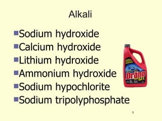 Alkali Sodium hydroxide Calcium hydroxide Lithium hydroxide Ammonium hydroxide Sodium hypochlorite Sodium tripolyphosphate 