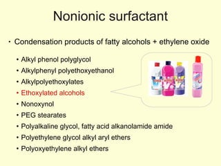 Nonionic surfactant Condensation products of fatty alcohols + ethylene oxide  Alkyl phenol polyglycol Alkylphenyl polyethoxyethanol Alkylpolyethoxylates Ethoxylated alcohols Nonoxynol PEG stearates Polyalkaline glycol, fatty acid alkanolamide amide Polyethylene glycol alkyl aryl ethers Polyoxyethylene alkyl ethers 