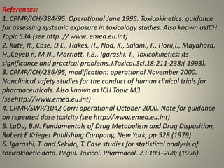 References:
1. CPMP/ICH/384/95: Operational June 1995. Toxicokinetics: guidance
for assessing systemic exposure in toxicology studies. Also known asICH
Topic S3A (see http :// www. emea.eu.int)
2. Kate, R., Case, D.E., Hakes, H., Nod, K., Salami, F., Horii,I., Mayahara,
H.,Cayeb n, M.N., Marriott, T.B., Igarashi, T., Toxicokinetics: its
significance and practical problems.J.Toxicol.Sci.18:211-238;( 1993).
3. CPMP/ICH/286/95, modification: operational November 2000.
Nonclinical safety studies for the conduct of human clinical trials for
pharmaceuticals. Also known as ICH Topic M3
(seehttp://www.emea.eu.int)
4. CPMP/SWP/1042 Corr: operational October 2000. Note for guidance
on repeated dose toxicity (see http://www.emea.eu.int)
5. LaDu, B.N. Fundamentals of Drug Metabolism and Drug Disposition,
Robert E Krieger Publishing Company, New York, pp.528 (1979)
6. Igarashi, T. and Sekido, T. Case studies for statistical analysis of
toxicokinetic data. Regul. Toxicol. Pharmacol. 23:193–208; (1996).
 