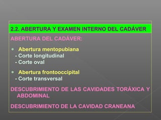 2.2. ABERTURA Y EXAMEN INTERNO DEL CADÁVER
ABERTURA DEL CADÁVER:
Abertura mentopubiana
- Corte longitudinal
- Corte oval
Abertura frontooccipital
- Corte transversal
DESCUBRIMIENTO DE LAS CAVIDADES TORÁXICA Y
ABDOMINAL
DESCUBRIMIENTO DE LA CAVIDAD CRANEANA
 