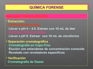 ANÁLISIS TOXICOLÓGICOS
 Extracción:
EXTRACCIÓN ÁCIDA
Llevar a pH 4 – 4.5. Extraer con 10 mL de éter
EXTRACCIÓN ALCALINA
Llevar a pH 9. Extraer con 10 mL de cloroformo
 Separación cromatográfica
Cromatografía en Capa Fina:
Elución con estandares de concentración conocida
Revelado con reveladores específicos
 Verificación
Cromatografía de Gases
QUÍMICA FORENSEQUÍMICA FORENSE
 