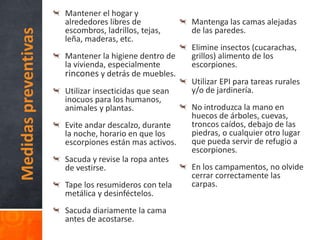 Medidaspreventivas
Mantener el hogar y
alrededores libres de
escombros, ladrillos, tejas,
leña, maderas, etc.
Mantener la higiene dentro de
la vivienda, especialmente
rincones y detrás de muebles.
Utilizar insecticidas que sean
inocuos para los humanos,
animales y plantas.
Evite andar descalzo, durante
la noche, horario en que los
escorpiones están mas activos.
Sacuda y revise la ropa antes
de vestirse.
Tape los resumideros con tela
metálica y desinféctelos.
Sacuda diariamente la cama
antes de acostarse.
Mantenga las camas alejadas
de las paredes.
Elimine insectos (cucarachas,
grillos) alimento de los
escorpiones.
Utilizar EPI para tareas rurales
y/o de jardinería.
No introduzca la mano en
huecos de árboles, cuevas,
troncos caídos, debajo de las
piedras, o cualquier otro lugar
que pueda servir de refugio a
escorpiones.
En los campamentos, no olvide
cerrar correctamente las
carpas.
 