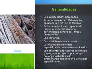 Son invertebrados artrópodos.
Se conocen mas de 1500 especies,
agrupadas en mas de 16 familias.
En Sudamérica los escorpiones de
mayor importancia sanitaria
pertenecen al genero de Tityus y
Centruroides.
Son solitarios.
Casi estrictamente nocturnos.
Carnívoros: se alimentan
especialmente de insectos y arácnidos.
Son eficientes ahorradores de energía
y agua, pueden ayunar por tiempo
prolongado (hasta 2 años),
almacenando alimento en divertículos
especializados.
Generalidades
Regreso
 