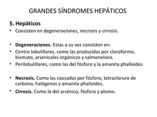 GRANDES SÍNDROMES HEPÁTICOS
5. Hepáticos
• Consisten en degeneraciones, necrosis y cirrosis.

• Degeneraciones. Estas a su vez consisten en:
• Centro lobulillares, como las producidas por cloroformo,
  bismuto, arsenicales orgánicos y salmonelosis.
• Perilobulillares, como las del fósforo y la amanita phalloides.

• Necrosis. Como las causadas por fósforo, tetracloruro de
  carbono, halógenos y amanita phalloides.
• Cirrosis. Como la del arsénico, fósforo y plomo.
 