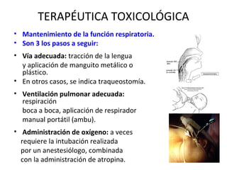 TERAPÉUTICA TOXICOLÓGICA
• Mantenimiento de la función respiratoria. 
• Son 3 los pasos a seguir:
• Vía adecuada: tracción de la lengua
  y aplicación de manguito metálico o
  plástico.
• En otros casos, se indica traqueostomía.
• Ventilación pulmonar adecuada:
  respiración
  boca a boca, aplicación de respirador
  manual portátil (ambu).
• Administración de oxígeno: a veces
  requiere la intubación realizada
  por un anestesiólogo, combinada
  con la administración de atropina.
 