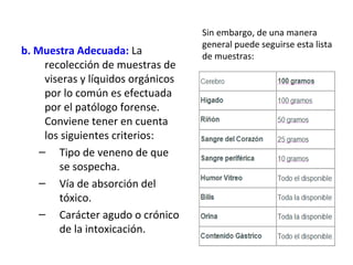 Sin embargo, de una manera
                                    general puede seguirse esta lista
b. Muestra Adecuada: La             de muestras:
     recolección de muestras de
     viseras y líquidos orgánicos
     por lo común es efectuada
     por el patólogo forense.
     Conviene tener en cuenta
     los siguientes criterios:
    – Tipo de veneno de que
        se sospecha.
    – Vía de absorción del
        tóxico.
    – Carácter agudo o crónico
        de la intoxicación.
 