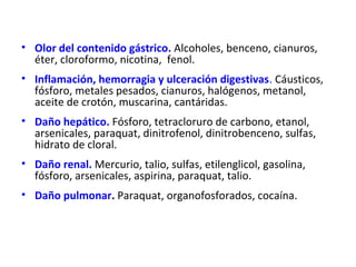• Olor del contenido gástrico. Alcoholes, benceno, cianuros,
  éter, cloroformo, nicotina, fenol.
• Inflamación, hemorragia y ulceración digestivas. Cáusticos,
  fósforo, metales pesados, cianuros, halógenos, metanol,
  aceite de crotón, muscarina, cantáridas.
• Daño hepático. Fósforo, tetracloruro de carbono, etanol,
  arsenicales, paraquat, dinitrofenol, dinitrobenceno, sulfas,
  hidrato de cloral.
• Daño renal. Mercurio, talio, sulfas, etilenglicol, gasolina,
  fósforo, arsenicales, aspirina, paraquat, talio.
• Daño pulmonar. Paraquat, organofosforados, cocaína.
 