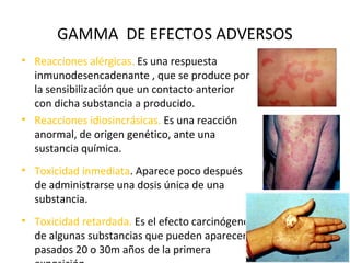 GAMMA DE EFECTOS ADVERSOS
• Reacciones alérgicas. Es una respuesta
  inmunodesencadenante , que se produce por
  la sensibilización que un contacto anterior
  con dicha substancia a producido.
• Reacciones idiosincrásicas. Es una reacción
  anormal, de origen genético, ante una
  sustancia química.
• Toxicidad inmediata. Aparece poco después
  de administrarse una dosis única de una
  substancia.
• Toxicidad retardada. Es el efecto carcinógeno
  de algunas substancias que pueden aparecer
  pasados 20 o 30m años de la primera
 