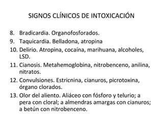 SIGNOS CLÍNICOS DE INTOXICACIÓN

8. Bradicardia. Organofosforados.
9. Taquicardia. Belladona, atropina
10. Delirio. Atropina, cocaína, marihuana, alcoholes,
    LSD.
11. Cianosis. Metahemoglobina, nitrobenceno, anilina,
    nitratos.
12. Convulsiones. Estricnina, cianuros, picrotoxina,
    órgano clorados.
13. Olor del aliento. Aliáceo con fósforo y telurio; a
    pera con cloral; a almendras amargas con cianuros;
    a betún con nitrobenceno.
 