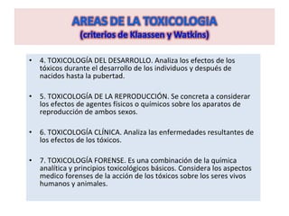 • 4. TOXICOLOGÍA DEL DESARROLLO. Analiza los efectos de los
  tóxicos durante el desarrollo de los individuos y después de
  nacidos hasta la pubertad.

• 5. TOXICOLOGÍA DE LA REPRODUCCIÓN. Se concreta a considerar
  los efectos de agentes físicos o químicos sobre los aparatos de
  reproducción de ambos sexos.

• 6. TOXICOLOGÍA CLÍNICA. Analiza las enfermedades resultantes de
  los efectos de los tóxicos.

• 7. TOXICOLOGÍA FORENSE. Es una combinación de la química
  analítica y principios toxicológicos básicos. Considera los aspectos
  medico forenses de la acción de los tóxicos sobre los seres vivos
  humanos y animales.
 