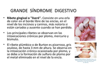 GRANDE SÍNDROME DIGESTIVO
• Ribete gingival o "liseré". Consiste en una orla
  de color en el borde libre de las encías, en el
  nivel de los incisivos y caninos, más notoria si
  están cariados y ausente cuando se han perdido.
• Los principales ribetes se observan en las
  intoxicaciones crónicas por plomo, mercurio y
  bismuto.
• El ribete plúmbico o de Burton es pizarroso, gris
  azuloso, de hasta 3 mm de altura. Se observa en
  la intoxicación crónica ocasionada por plomo, y
  se debe a la formación de sulfuro de plomo por
  el metal eliminado en el nivel de la encía.
 