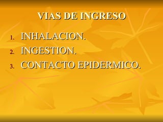 VIAS DE INGRESO INHALACION. INGESTION. CONTACTO EPIDERMICO. 