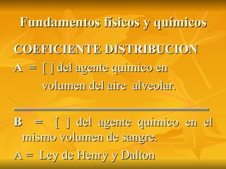 Fundamentos físicos y químicos COEFICIENTE DISTRIBUCION  A  =  [ ] del agente quimico en  volumen del aire  alveolar. _______________________________   B  =  [ ] del agente quimico en el mismo volumen de sangre. A =  Ley de Henry y Dalton 