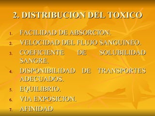 2. DISTRIBUCION DEL TOXICO FACILIDAD DE ABSORCION. VELOCIDAD DEL FLUJO SANGUINEO. COEFICIENTE DE SOLUBILIDAD SANGRE. DISPONIBILIDAD DE TRANSPORTES ADECUADOS. EQUILIBRIO. VIA EXPOSICION. AFINIDAD 