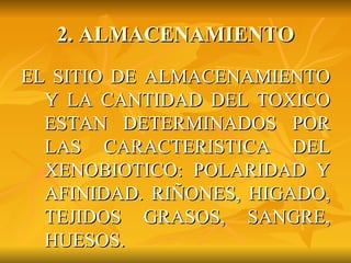 2. ALMACENAMIENTO EL SITIO DE ALMACENAMIENTO Y LA CANTIDAD DEL TOXICO ESTAN DETERMINADOS POR LAS CARACTERISTICA DEL XENOBIOTICO: POLARIDAD Y AFINIDAD. RIÑONES, HIGADO, TEJIDOS GRASOS, SANGRE, HUESOS. 