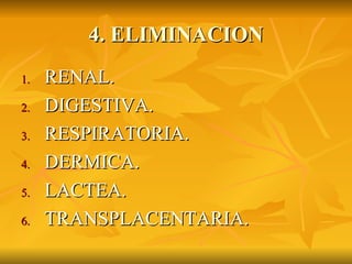 4. ELIMINACION RENAL. DIGESTIVA. RESPIRATORIA. DERMICA. LACTEA.  TRANSPLACENTARIA. 