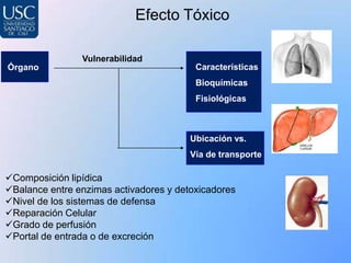 Efecto Tóxico

                Vulnerabilidad
Órgano                                   Características
                                         Bioquímicas
                                         Fisiológicas



                                        Ubicación vs.
                                        Vía de transporte

Composición lipídica
Balance entre enzimas activadores y detoxicadores
Nivel de los sistemas de defensa
Reparación Celular
Grado de perfusión
Portal de entrada o de excreción
 