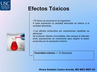 Efectos Tóxicos

 El tóxico se acumula en el organismo:
 A cada exposición la cantidad eliminada es inferior a la
 cantidad absorbida.

 Los efectos producidos por exposiciones repetidas se
 adicionan:
 Se producen efectos irreversibles, bien porque el intervalo
 entre exposiciones es insuficiente para reparar la lesión
 producida por la exposición anterior.




  Toxicidad crónica: > 12 Semanas




       Alvaro Esteban Castro Aranda, MD MSO MSP UV.
 