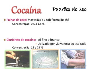 Padrões de uso
Folhas de coca: mascadas ou sob forma de chá
Concentração: 0,5 a 1,5 %
Cloridrato de cocaína: pó fino e branco
− Utilizado por via venosa ou aspirado
Concentração: 15 a 75 %
33
 