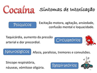 Sintomas de Intoxicação
Excitação motora, agitação, ansiedade,
confusão mental e loquacidade.
Taquicárdia, aumento da pressão
arterial e dor precordial.
Afasia, paralisias, tremores e convulsões.
Síncope respiratória,
náuseas, vómitose oligúria. 35
Psíquicos
Circulatórios
Respiratórios
Neurológicos
 