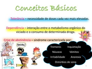 Conceitos Básicos
Tolerância – necessidade de doses cada vez mais elevadas.
6
Dependência – interação entre o metabolismo orgânico do
viciado e o consumo de determinada droga.
Crise de abstinência – sindrome caracterizada por:
Tremores Inquietação
Náuseas Vómitos
Irritabilidade Anorexia
Distúrbios de sono
 