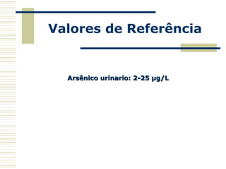 Valores de Referência
Arsênico urinario: 2-25 µg/LArsênico urinario: 2-25 µg/L
 