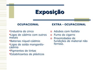 ExposiçãoExposição
OCUPACIONAL
Industria do zinco
Ligas de cádmio com outros
metais
Baterias níquel-cádmio
Ligas de solda manganês-
cádmio
Pigmentos de tintas
Estabilizantes de plásticos
EXTRA - OCUPACIONAL
o Adubos com fosfato
o Fumo do cigarro
o Proximidades de
fundições de material não
ferroso.
 