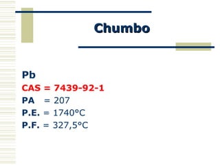 ChumboChumbo
Pb
CAS = 7439-92-1
PA = 207
P.E. = 1740°C
P.F. = 327,5°C
 
