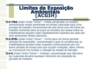 Limites de ExposiçãoLimites de Exposição
AmbientaisAmbientais
(ACGIH)
TLV-TWATLV-TWA (Valor limite “limiar” - média ponderada no tempo):
concentração media ponderada no tempo (calculada para uma
jornada de trabalho convencional de oito horas e/ou 40 horas de
trabalho semanal) para as quais se acredita que quase todos os
trabalhadores possam estar repetidamente expostos dia após dia
sem apresentar efeitos adversos.
TLV-STELTLV-STEL (Valor limite “limiar” - limite para um breve período
(tempo) de exposição): concentração a qual se acredita que os
trabalhadores possam estar expostos continuamente por um
breve período de tempo sem que surjam irritações, dano crônico
ou irreversível nos tecidos e redução do estado de atenção.
TLV-CTLV-C (Valor limite “limiar” - Ceiling): concentração que não deve
ser superada durante qualquer momento da exposição da
jornada de trabalho.
 