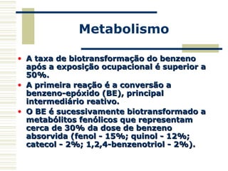 Metabolismo
• A taxa de biotransformação do benzenoA taxa de biotransformação do benzeno
após a exposição ocupacional é superior aapós a exposição ocupacional é superior a
50%.50%.
• A primeira reação é a conversão aA primeira reação é a conversão a
benzeno-epóxido (BE), principalbenzeno-epóxido (BE), principal
intermediário reativo.intermediário reativo.
• O BE é sucessivamente biotransformado aO BE é sucessivamente biotransformado a
metabólitos fenólicos que representammetabólitos fenólicos que representam
cerca de 30% da dose de benzenocerca de 30% da dose de benzeno
absorvida (fenol - 15%; quinol - 12%;absorvida (fenol - 15%; quinol - 12%;
catecol - 2%; 1,2,4-benzenotriol - 2%).catecol - 2%; 1,2,4-benzenotriol - 2%).
 