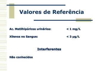 Valores de Referência
Ac. Metilhipúricos urinários:Ac. Metilhipúricos urinários: < 1 mg/L< 1 mg/L
Xilenos no Sangue:Xilenos no Sangue: < 3 µg/L< 3 µg/L
InterferentesInterferentes
Não conhecidosNão conhecidos
 