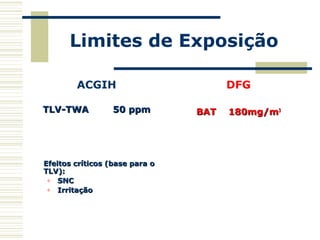 Limites de Exposição
ACGIH
TLV-TWATLV-TWA 50 ppm50 ppm
Efeitos críticos (base para oEfeitos críticos (base para o
TLV):TLV):
o SNCSNC
o IrritaçãoIrritação
DFG
BATBAT 180mg/m180mg/m33
 