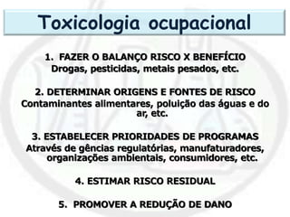 1. FAZER O BALANÇO RISCO X BENEFÍCIO
Drogas, pesticidas, metais pesados, etc.
2. DETERMINAR ORIGENS E FONTES DE RISCO
Contaminantes alimentares, poluição das águas e do
ar, etc.
3. ESTABELECER PRIORIDADES DE PROGRAMAS
Através de gências regulatórias, manufaturadores,
organizações ambientais, consumidores, etc.
4. ESTIMAR RISCO RESIDUAL
5. PROMOVER A REDUÇÃO DE DANO
Toxicologia ocupacional
 