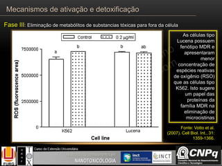 Fonte: Votto et al.
(2007). Cell Biol. Int., 31:
1359-1366.
As células tipo
Lucena possuem
fenótipo MDR e
apresentaram
menor
concentração de
espécies reativas
de oxígênio (RSO)
que as células tipo
K562. Isto sugere
um papel das
proteínas da
família MDR na
eliminação de
microcistinas
Mecanismos de ativação e detoxificação
Fase III: Eliminação de metabólitos de substancias tóxicas para fora da célula
 