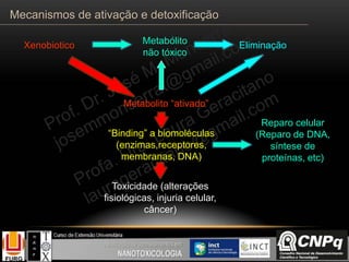 Xenobiotico Metabólito
não tóxico
Eliminação
Metabolito “ativado”
“Binding” a biomoléculas
(enzimas,receptores,
membranas, DNA)
Reparo celular
(Reparo de DNA,
síntese de
proteínas, etc)
Toxicidade (alterações
fisiológicas, injuria celular,
câncer)
Mecanismos de ativação e detoxificação
 