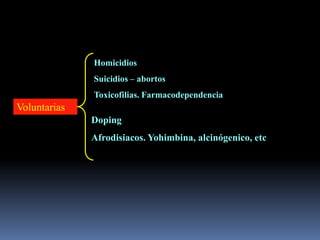 Voluntarias
Homicidios
Suicidios – abortos
Toxicofilias. Farmacodependencia
Doping
Afrodisiacos. Yohimbina, alcinógenico, etc
 