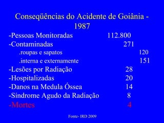 Conseqüências do Acidente de Goiânia - 1987 -Pessoas Monitoradas 112.800 -Contaminadas  271 .roupas e sapatos     120 .interna e externamente   151 -Lesões por Radiação   28 -Hospitalizadas   20 -Danos na Medula Óssea   14 -Síndrome Agudo da Radiação   8 -Mortes   4 Fonte- IRD 2009 