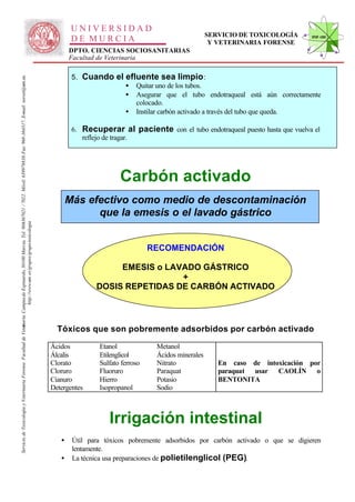 UNIVERSIDAD
                                                                                                                                                                                                                                                    SERVICIO DE TOXICOLOGÍA     STVF-UM
                                                                                                                                                                                                      DE MURCIA                                      Y VETERINARIA FORENSE
                                                                                                                                                                                                     DPTO. CIENCIAS SOCIOSANITARIAS
                                                                                                                                                                                                     Facultad de Veterinaria

                                                                                                                                                                                                      5. Cuando el efluente sea limpio :
                                                                                                                   -367021 / 7022. Móvil: 639978838. Fax: 968-364317. E-mail: toxvet@um.es.




                                                                                                                                                                                                                   • Quitar uno de los tubos.
                                                                                                                                                                                                                   • Asegurar que el tubo endotraqueal está aún correctamente
                                                                                                                                                                                                                      colocado.
                                                                                                                                                                                                                   • Instilar carbón activado a través del tubo que queda.

                                                                                                                                                                                                      6. Recuperar al paciente con el tubo endotraqueal puesto hasta que vuelva el
                                                                                                                                                                                                         reflejo de tragar.




                                                                                                                                                                                                                     Carbón activado
                                                                                                                                                                                                     Más efectivo como medio de descontaminación
                                                                                                                                                                                                           que la emesis o el lavado gástrico
                                                                          http://www.um .es/grupos/grupo-toxicologia
                                                               inaria. Campusde Espinardo, 30100 Murcia. Tel. 968




                                                                                                                                                                                                                                RECOMENDACIÓN

                                                                                                                                                                                                                  EMESIS o LAVADO GÁSTRICO
                                                                                                                                                                                                                              +
                                                                                                                                                                                                             DOSIS REPETIDAS DE CARBÓN ACTIVADO
Servicio de Toxicología y Veterinaria Forense. Facultad de Veter




                                                                                                                                                                                                Tóxicos que son pobremente adsorbidos por carbón activado

                                                                                                                                                                                              Ácidos          Etanol             Metanol
                                                                                                                                                                                              Álcalis         Etilenglicol       Ácidos minerales
                                                                                                                                                                                              Clorato         Sulfato ferroso    Nitrato               En caso de intoxicación por
                                                                                                                                                                                              Cloruro         Fluoruro           Paraquat              paraquat usar CAOLÍN o
                                                                                                                                                                                              Cianuro         Hierro             Potasio               BENTONITA
                                                                                                                                                                                              Detergentes     Isopropanol        Sodio



                                                                                                                                                                                                                 Irrigación intestinal
                                                                                                                                                                                                 •    Útil para tóxicos pobremente adsorbidos por carbón activado o que se digieren
                                                                                                                                                                                                      lentamente.
                                                                                                                                                                                                 •    La técnica usa preparaciones de polietilenglicol (PEG).
 
